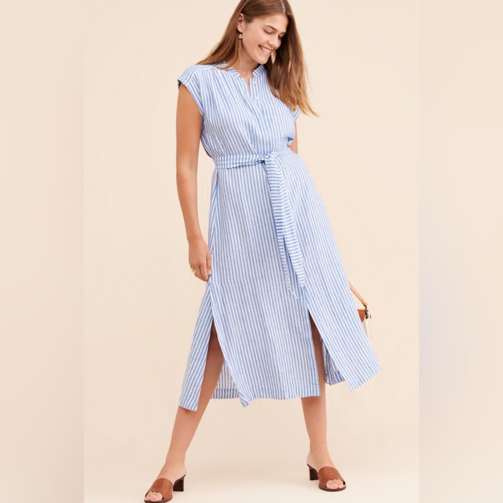 ARY 100% Linen Blue and White Stripped Tie Dress
